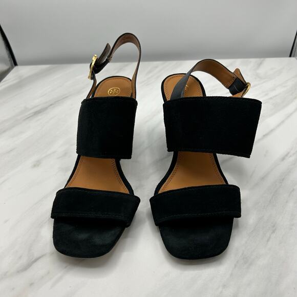 Tory Burch Selby Slingback Wedge Sandals 7.5 Black Suede Leather Gold Buckle - Picture 2 of 16
